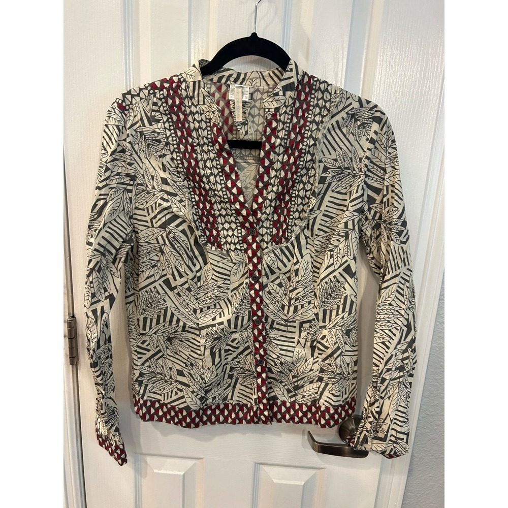 Bideep Los Angeles Button Up‎ Shirt Cream Black Red Geometric Leaf Print Boho